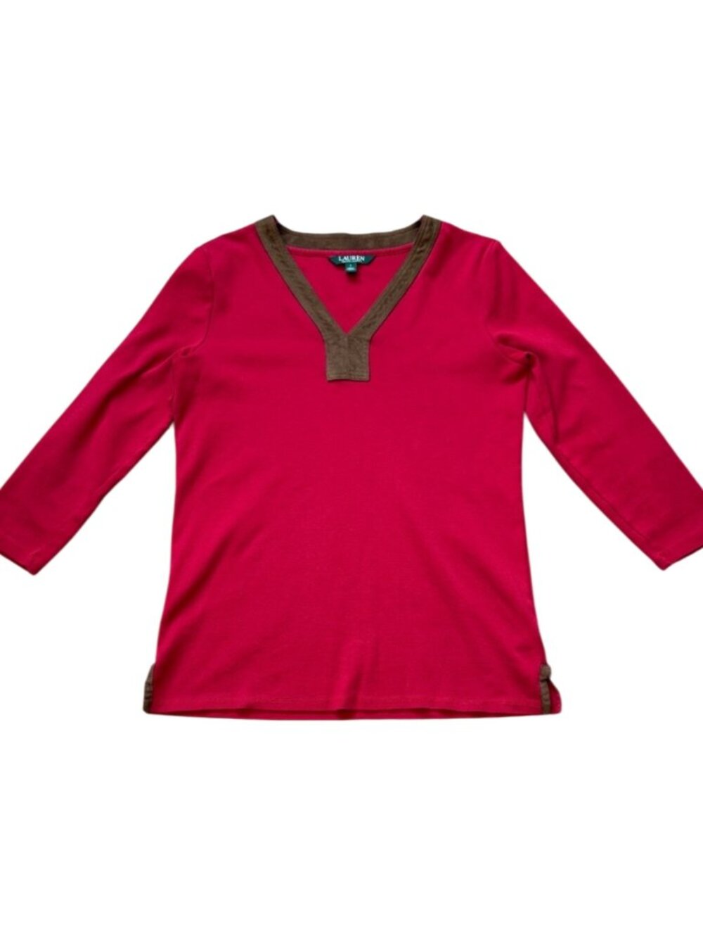 Lauren Ralph Lauren Shirt Large Red Cotton V Neck Faux Suede Ribbed Trim Preppy